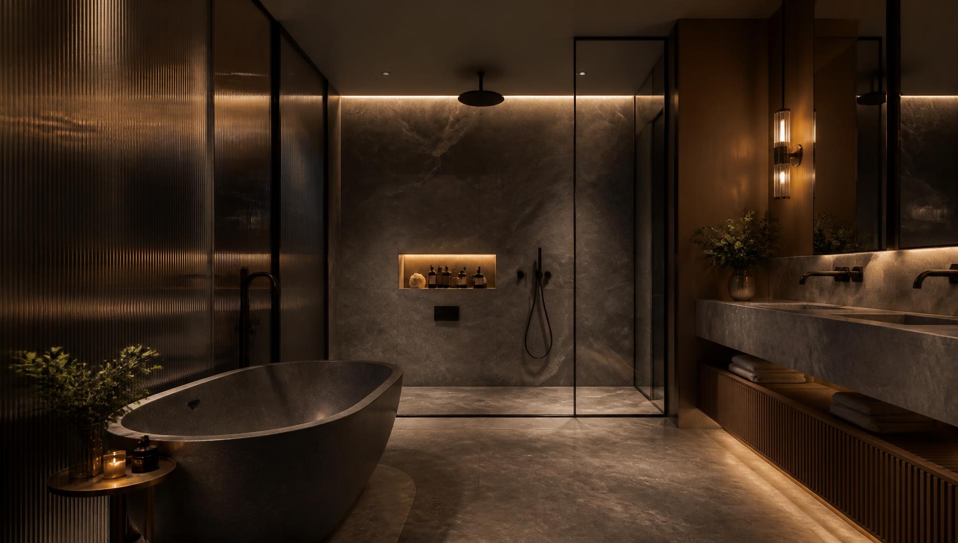 Luxury stone bathroom with freestanding bath